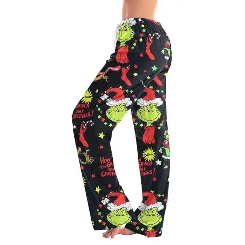 Produktbild: 𝑮𝒓𝒊𝒏𝒄𝒉 Hose Weihnachten Damen Fleecehose Damen Warm Trainingshose Damen Lang Kinder Schlafanzug Weihnachten Strickhose Damen Weites Bein Damenhosen Winter Schlafanzug Damen Lang Schwarz 2XL